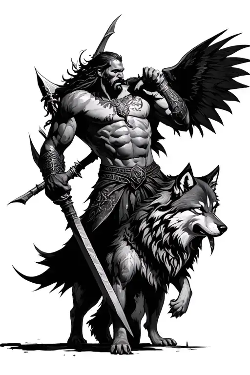 saxon god of war fighting a wolf tattoo design idea