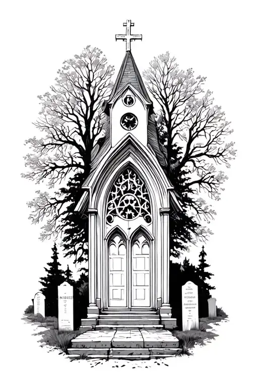 Catholic church woth grave yard in front tattoo design idea
