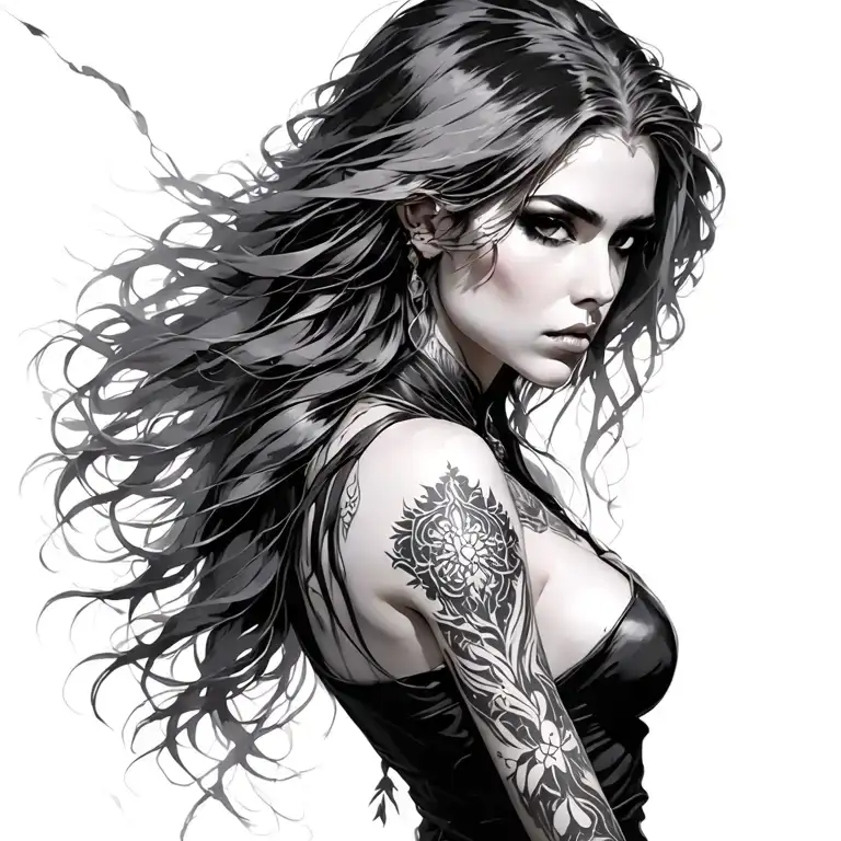 Main subject: "warrior" woman, "katarina-inspired- death" "fantasy assassin" hair: long hair s tattoo design idea