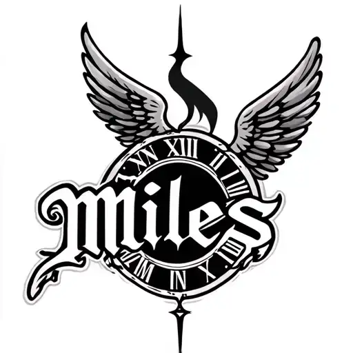 the name Miles with wings and Roman numerals MMXXII tattoo design idea