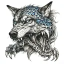 wolf with blue eyes biting the dragon tattoo tattoo design idea