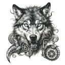 wolf with blue eyes biting the dragon tattoo tattoo design idea