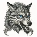 wolf with blue eyes biting the dragon tattoo tattoo design idea