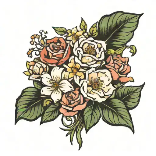 July February October birth flower bouquet tattoo design idea