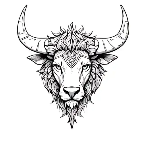 Bull head and lion head merged as a mandala in the Greek stem tattoo design idea