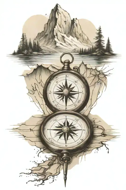 compass cartography map mountains reflected tattoo design idea