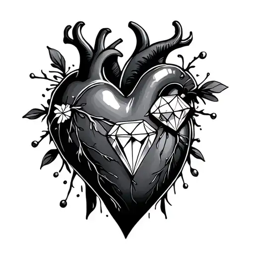 black real heart with diamond inside tattoo design idea