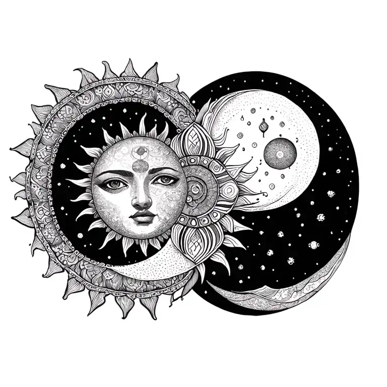 dotwork mandala with sun and moon on sides intertwined tattoo design idea