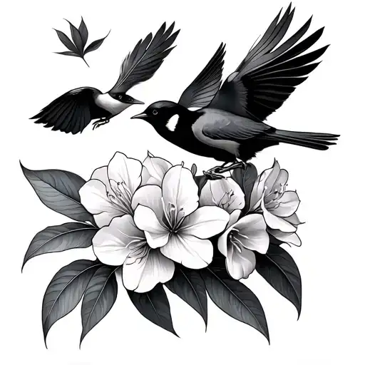2 rhododendron, two birds and two feathers falling tattoo design idea