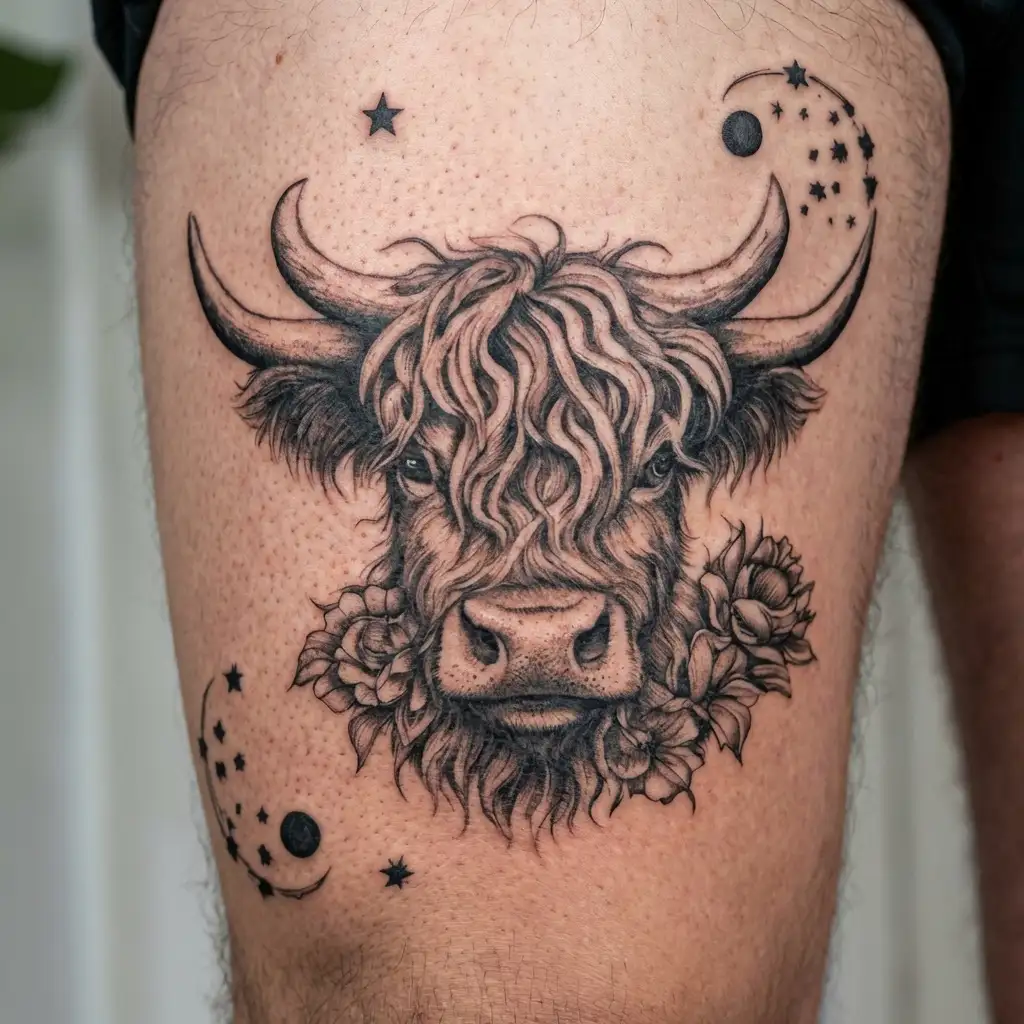 cute highland cow teenager new skool tattoo with sunflowers in hair and a moon and stars no background in black and whit tattoo design idea