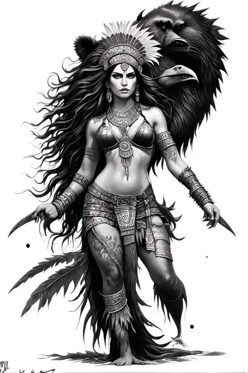 azteca lady warrior, bear,raven, sexy, azteca tribal. tattoo design idea