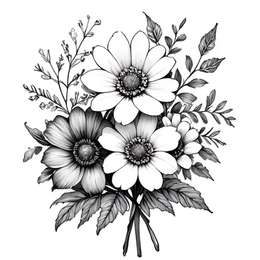 flower bouquet with 3 birth month flowers october in the middle left September and right December  tattoo design idea