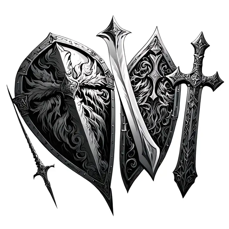 ares god of war sword shield cross tattoo design idea