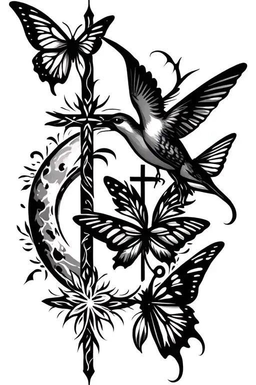 humming bird with a butterfly and a cross and a full moon tattoo design idea