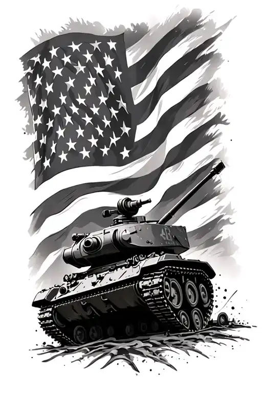 American flag with army tank surrounded tattoo design idea