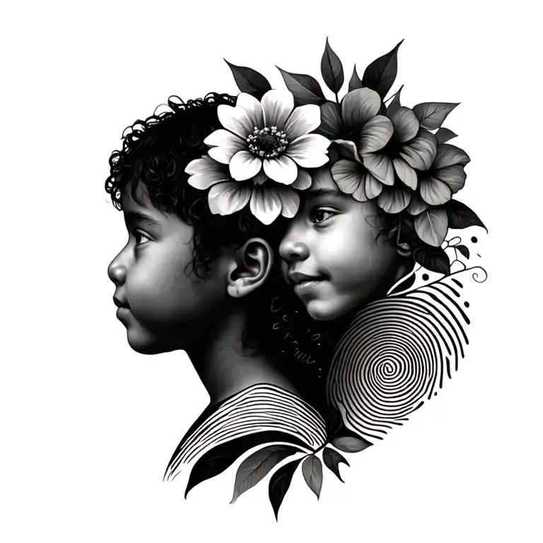 3 seperate children's profile, name, flowers & finger prints in a heart shape tattoo design idea