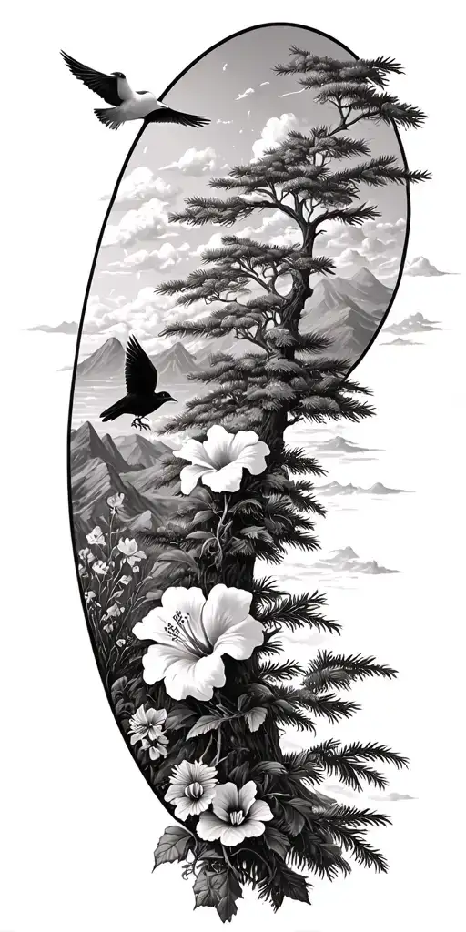 pine trees, hibiscus flowers,clouds, doves, crows, mountains, wildflowers tattoo design idea