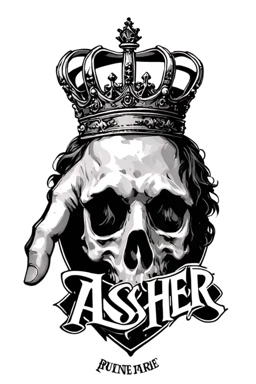 A hand piece with the name Asher and a prince crown and some sort of background tattoo design idea