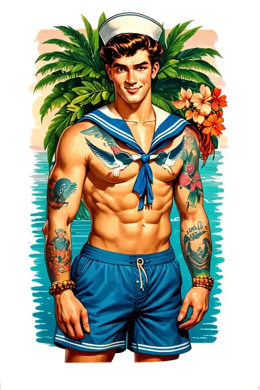 gay male pinup sailor wearing short shorts. he has tattoos of swallows on his chest, a hula girl and merman on his arms tattoo design idea