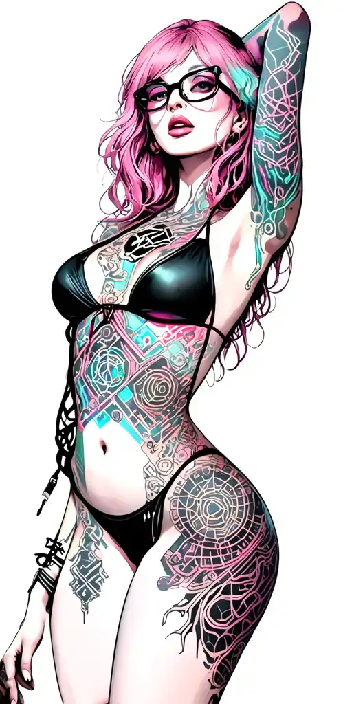 Sexy girl, petite, big boobs, wide hips, bikini . pink hair,sexual. Seductive. Full Body including arms. glasses tattoo design idea