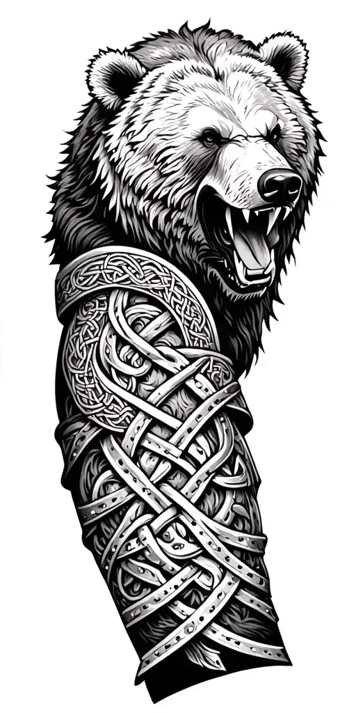 armor arm sleeve with celtic knots and roaring bear head tattoo design idea