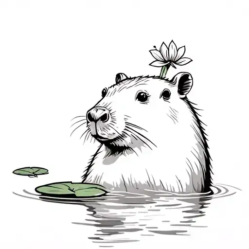 capybara in the water, sticking its head and neck out. It has a lilypad with a small flower on its head tattoo design idea