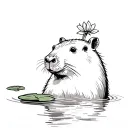 capybara in the water, sticking its head and neck out. It has a lilypad with a small flower on its head tattoo design idea