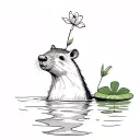 capybara in the water, sticking its head and neck out. It has a lilypad with a small flower on its head tattoo design idea