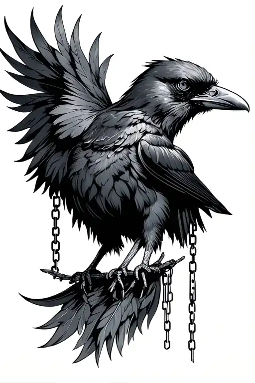 Crow, gothic style, chains behind it running down to the tail feathers. tattoo design idea