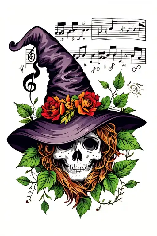 plant vines, music note, witch hat tattoo design idea