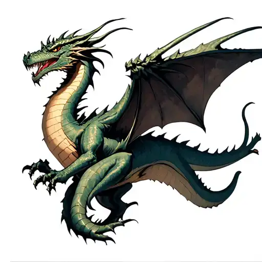 A tattoo for a woman's thigh of a battle dragon similar to that of Smaug from the Hobbit in flight tattoo design idea