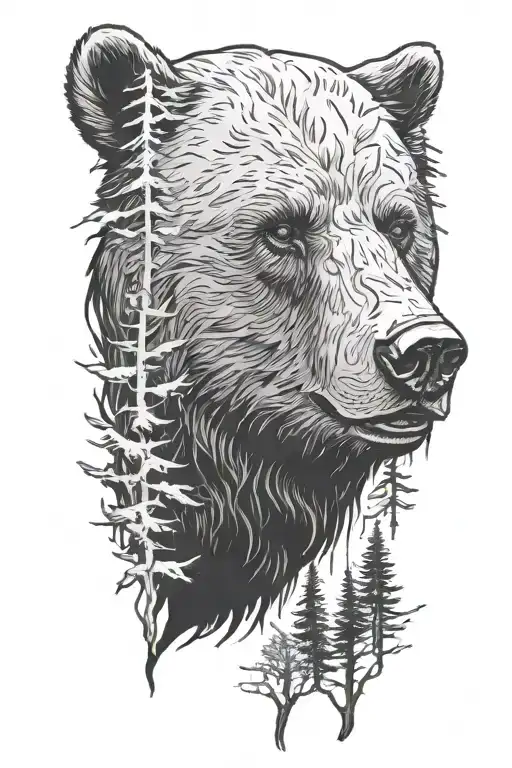 bear ripping off the face of a man in the forest with a forest scene tattoo design idea