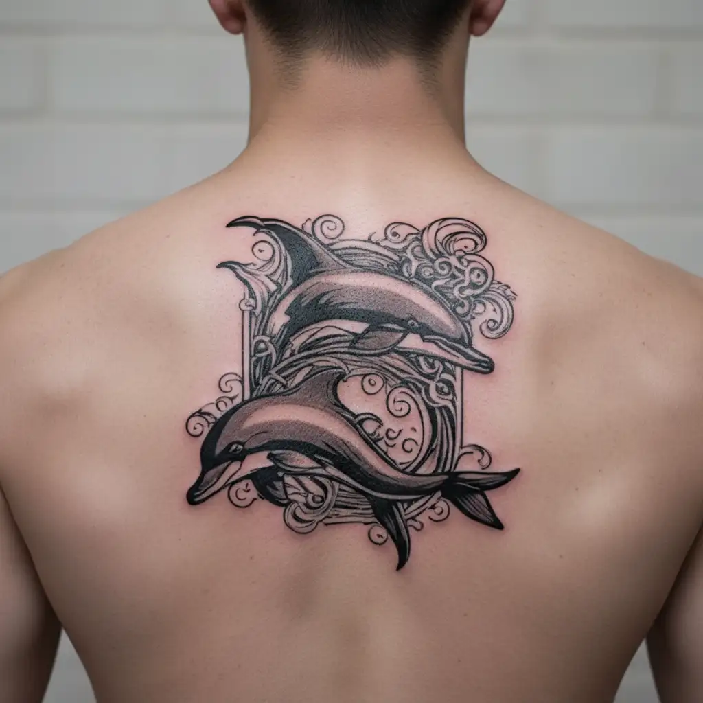 dolphins swimming in an infinity symbol paytern tattoo design idea