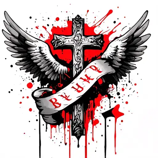 cross with wings spread with banner wrapped tattoo design idea