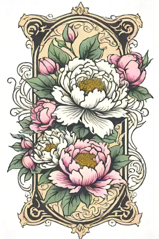 art nouveau, peony tattoo design idea