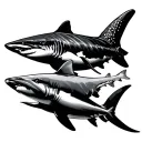 great white shark, whale shark, hammerhead shark, tiger shark swimming in a line with shadows tattoo design idea