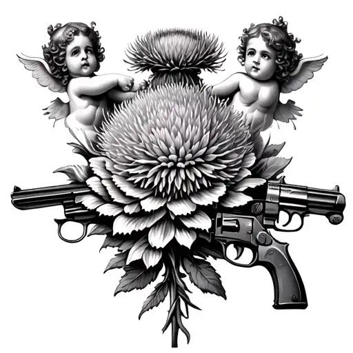 thistle flower with cherubs and guns tattoo design idea