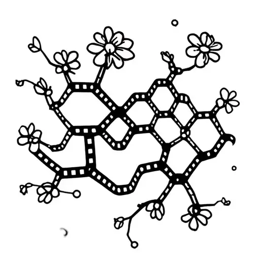 cybersigiilism dopamine molecule connected by film strip, flower vines as the connectors, neuron closing perimeter   tattoo design idea
