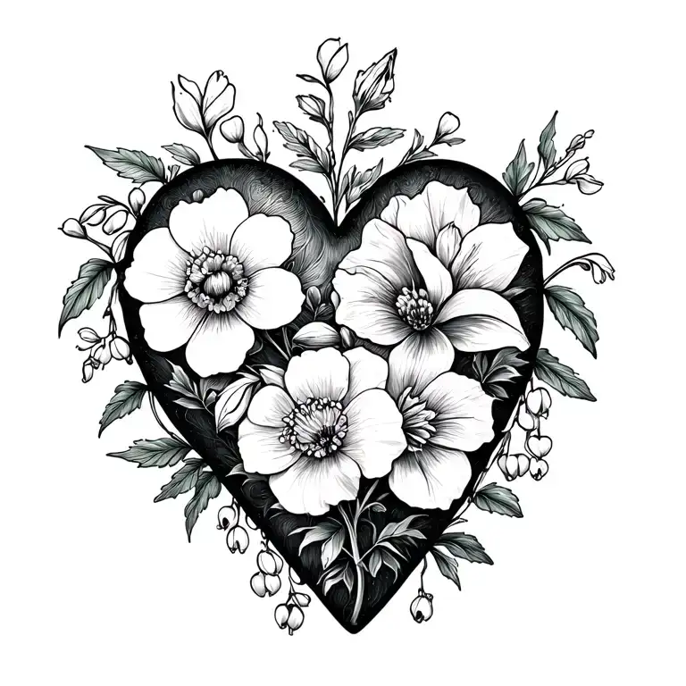 heart tattoo to include carnation snowdrop janquil daffodil hawthorn and lily of the valley tattoo design idea