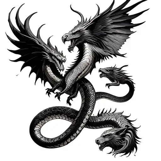Snake and dragon and eagle and lion and thunder storm tattoo design idea