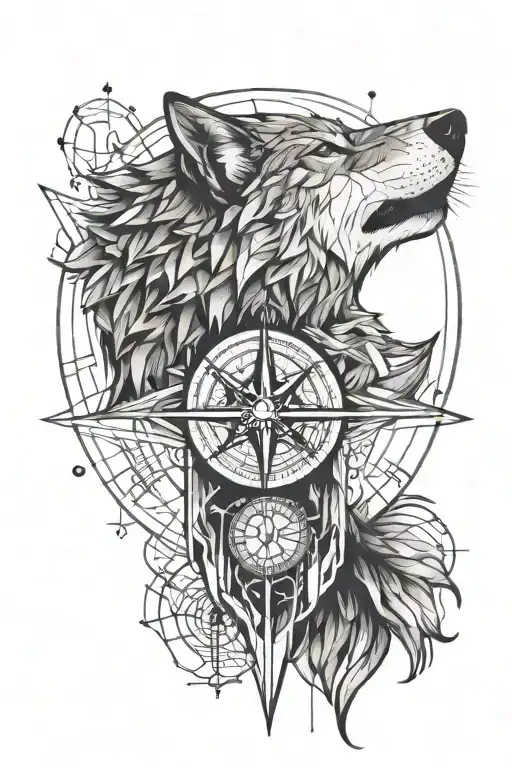 wolf howling moon and compass tattoo design idea