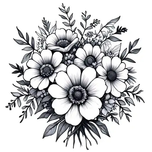 make tattoo of black outline of a bouquet with the birth month flowers september, april, november, and february  tattoo design idea