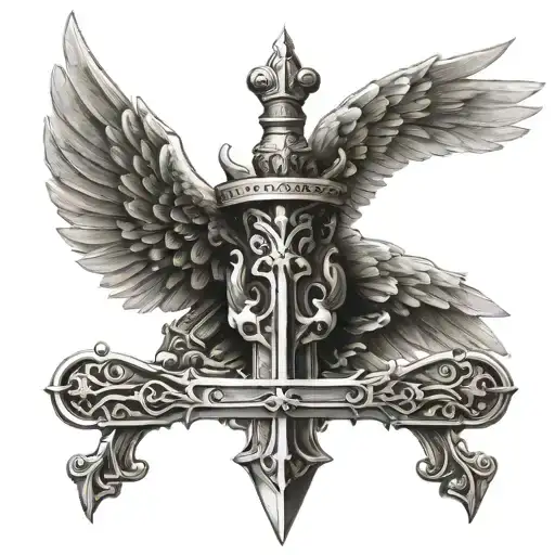 sword with angel wings and a crown  tattoo design idea