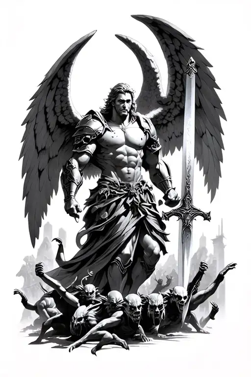 A black and white tattoo of a muscled arch, Angel, Michael in full armor with a long  sword. And many demons at his feet tattoo design idea