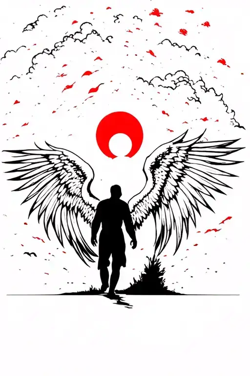 angel looking over man walking red sky in background tattoo design idea