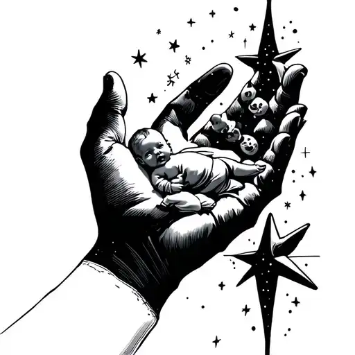 hand outstretched to baby but the baby flies to the stars tattoo design idea