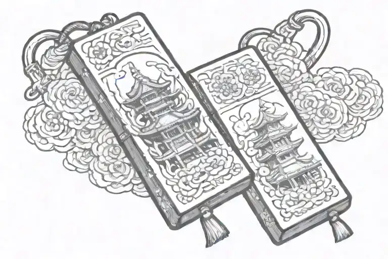 a pagoda coming out of the omamori charm tattoo design idea