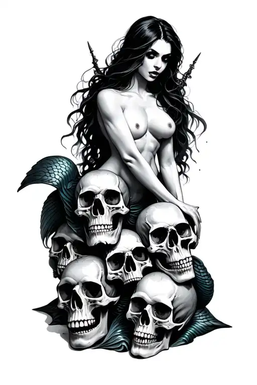 topless evil marmaid on a pile of skulls tattoo design idea