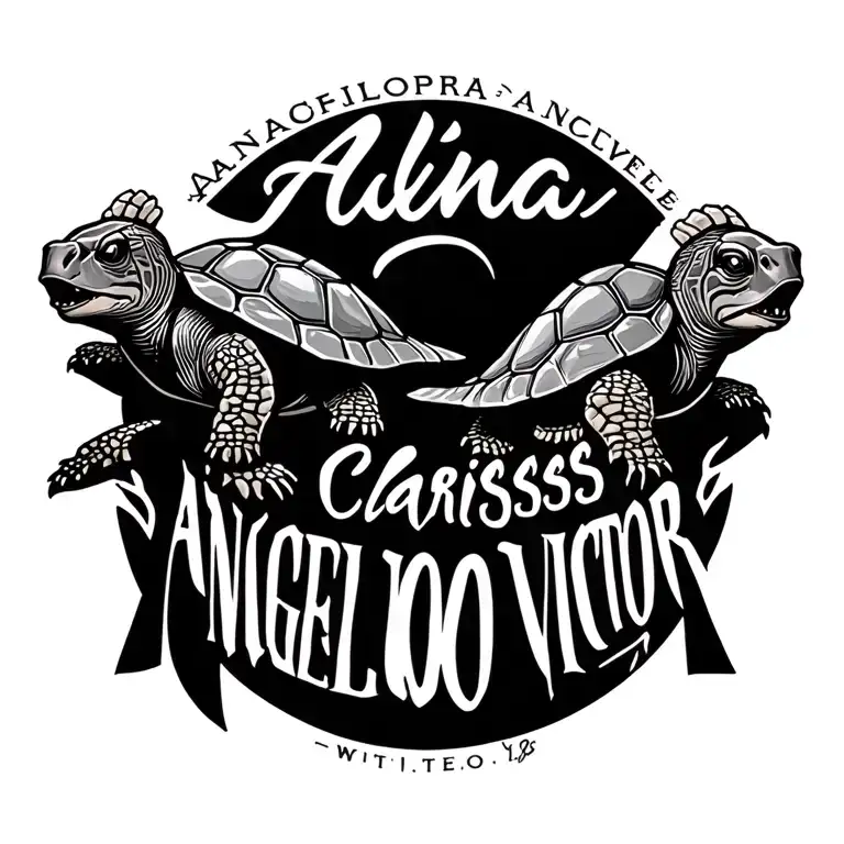 "Alina Clarissa Angelo Victor" name tattoo with turtles tattoo design idea
