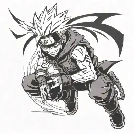 A tattoo of Kakashi from Naruto surrounded by lightning bolts, symbolizing your passion for anime and your occupation as an electrician. tattoo design idea